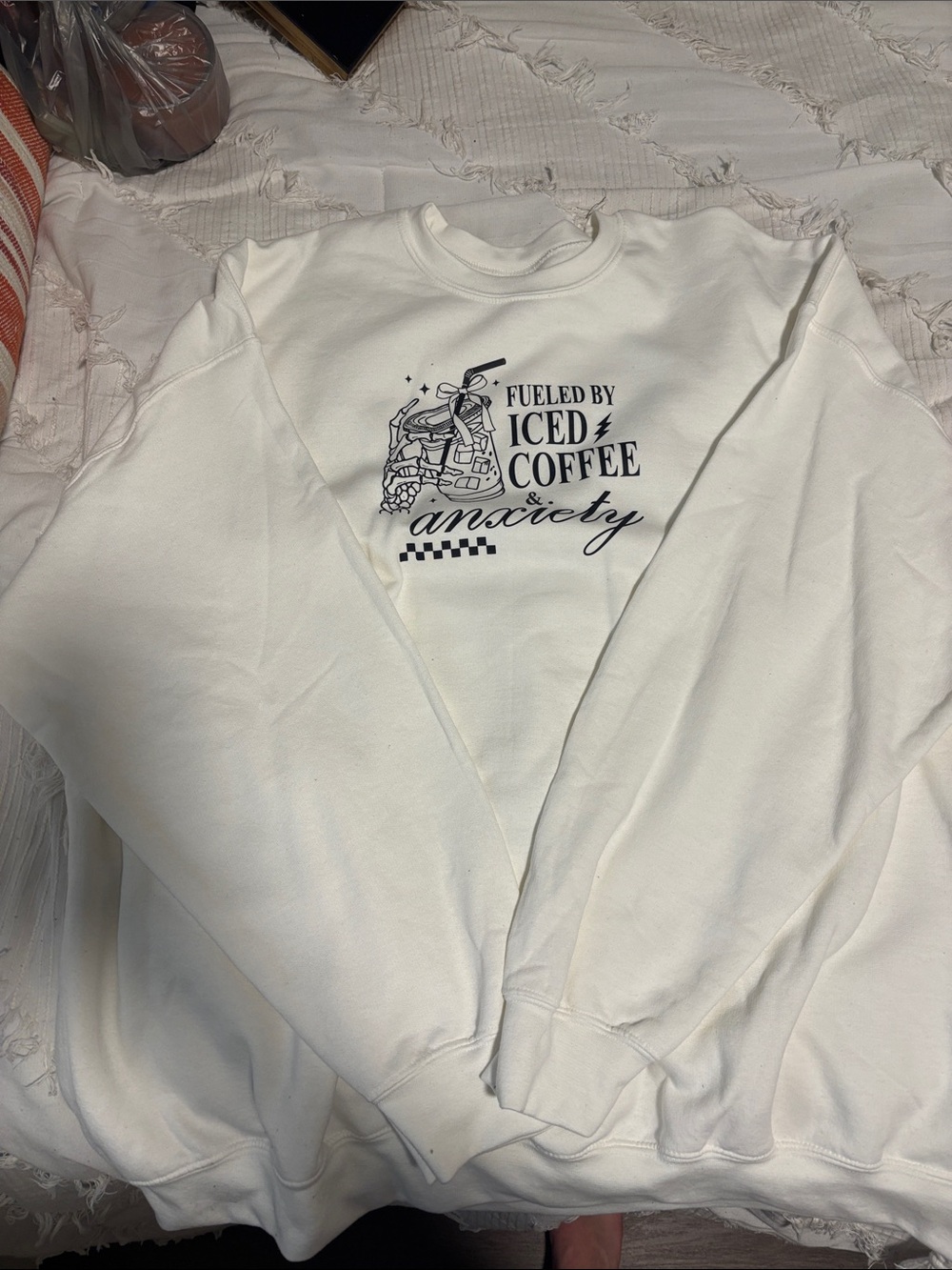 White 'Fueled by Iced Coffee & Anxiety' Graphic Sweatshirt